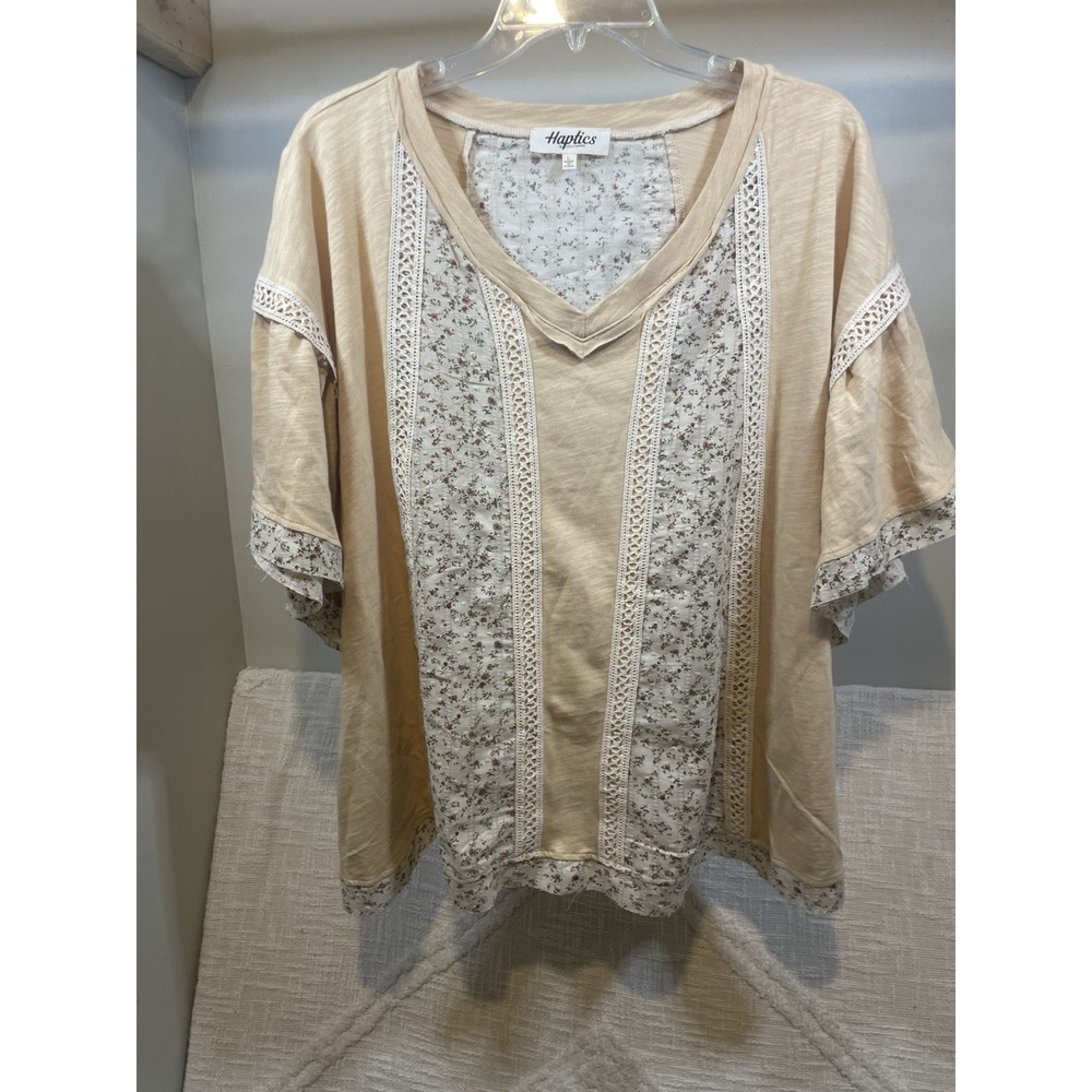 Haptics Yellow Floral Cotton Lace Patchwork Flutter Sleeve Top Women L Oversized